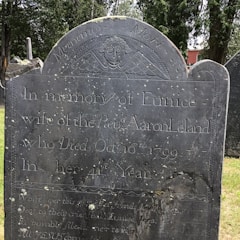 A weathered, historical gravestone with detailed inscriptions and an engraved angel wing motif at the top. The stone is set in a graveyard with trees and other gravestones visible in the background.