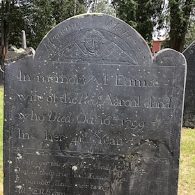 A weathered, historical gravestone with detailed inscriptions and an engraved angel wing motif at the top. The stone is set in a graveyard with trees and other gravestones visible in the background.
