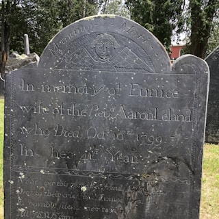 A weathered, historical gravestone with detailed inscriptions and an engraved angel wing motif at the top. The stone is set in a graveyard with trees and other gravestones visible in the background.