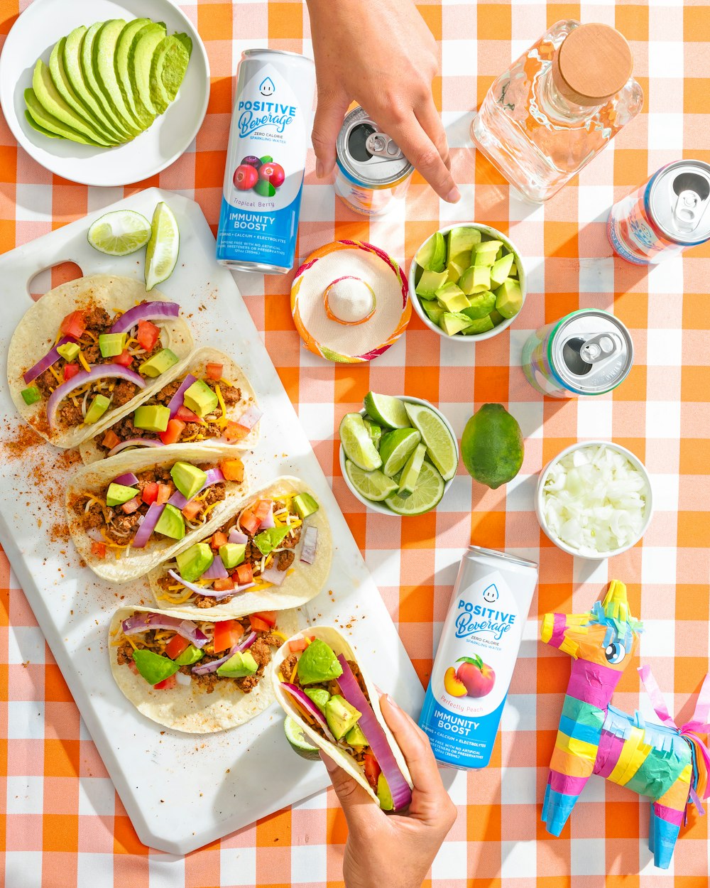 a table with food and drinks on it