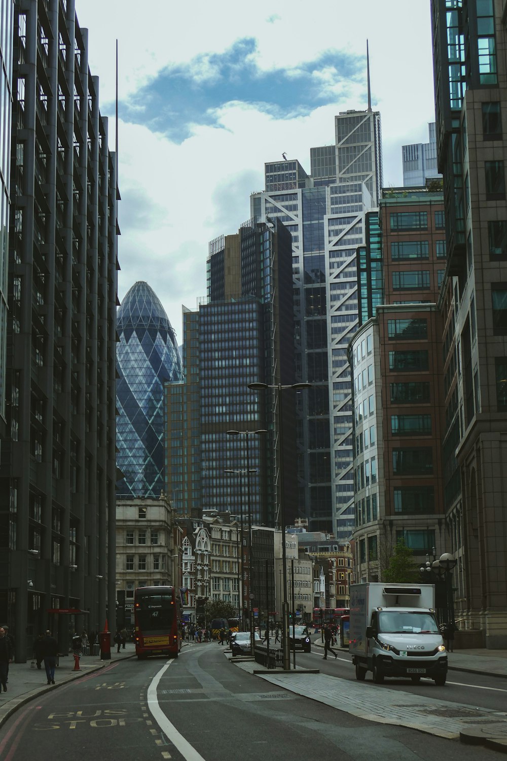 a city street with tall buildings