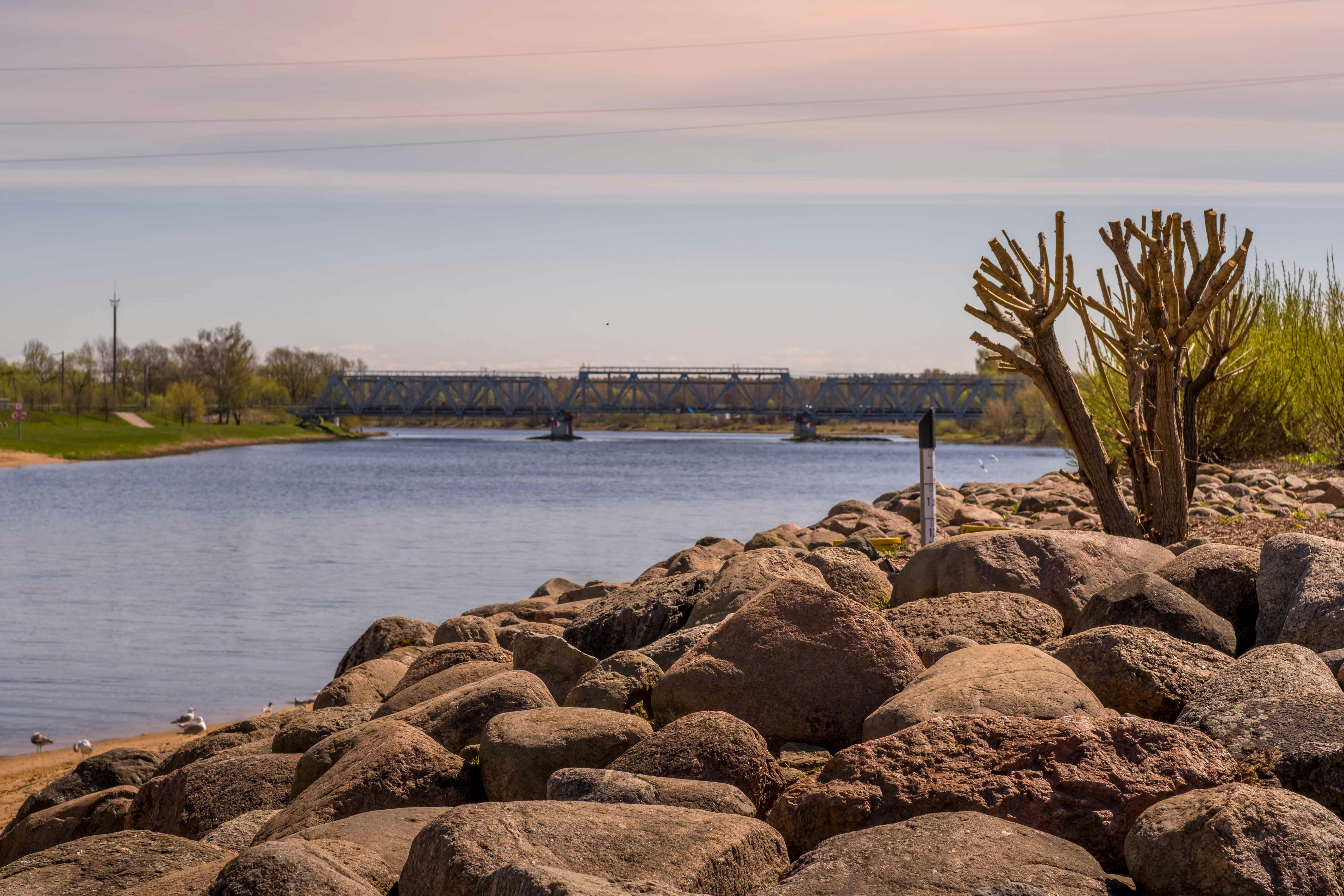 a rocky beach with a bridge in the background