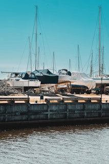 Several boats are docked on dry land, covered with fabric or tarps, with masts extending upward against a clear blue sky. The foreground shows a wooden dock bordering calm water, while the background features more docked boats and equipment.
