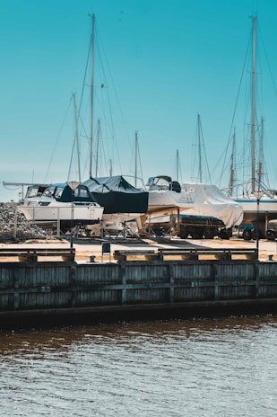 Several boats are docked on dry land, covered with fabric or tarps, with masts extending upward against a clear blue sky. The foreground shows a wooden dock bordering calm water, while the background features more docked boats and equipment.