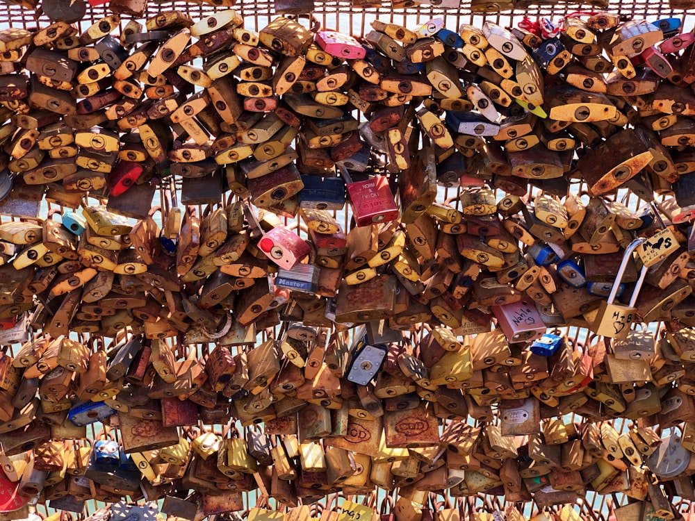 a large pile of locks