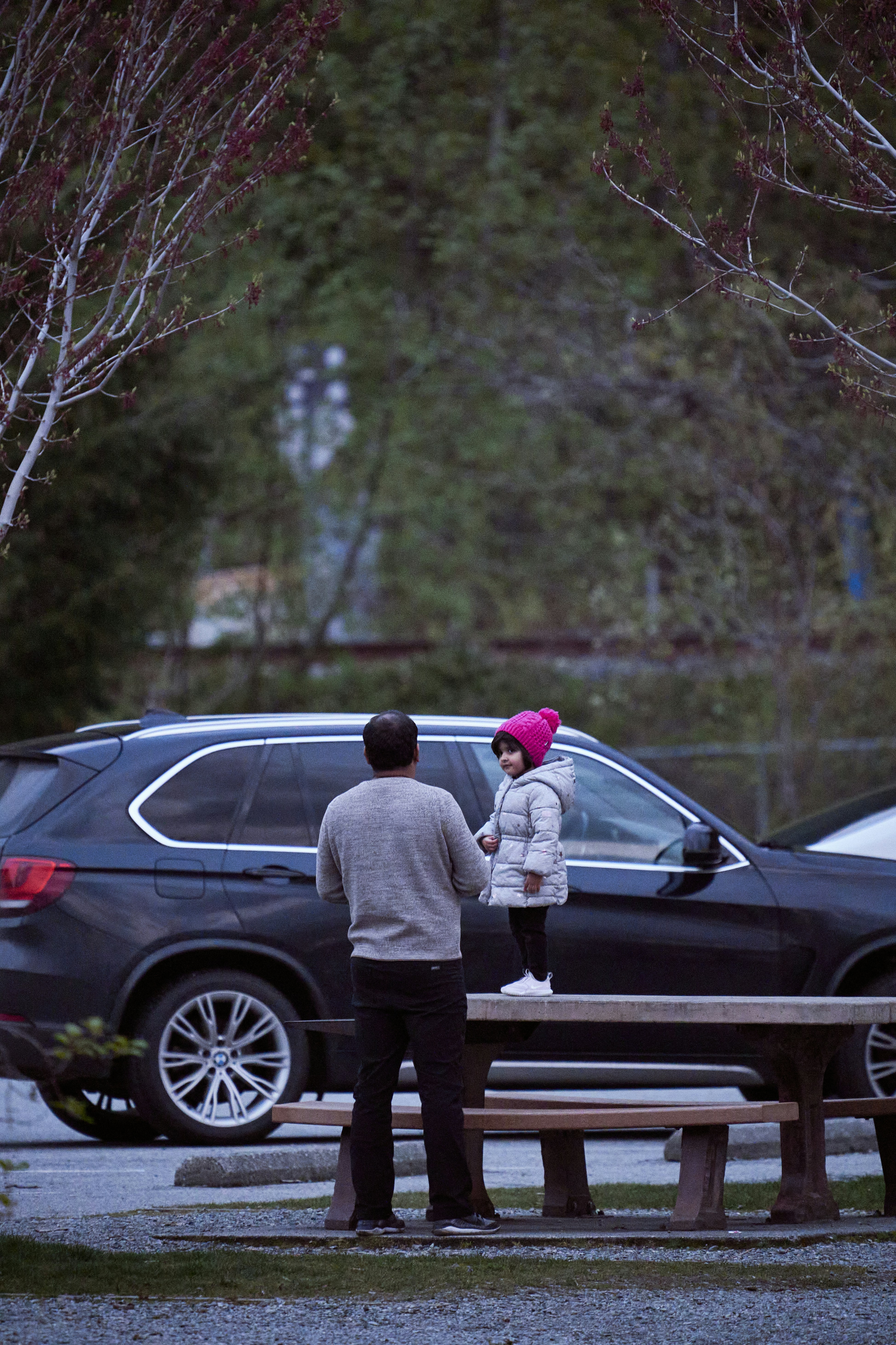 a person and a child standing on a bench in front of a car