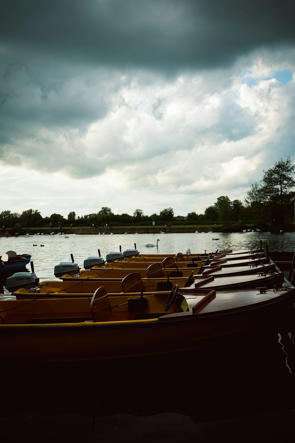 a group of boats on a lake