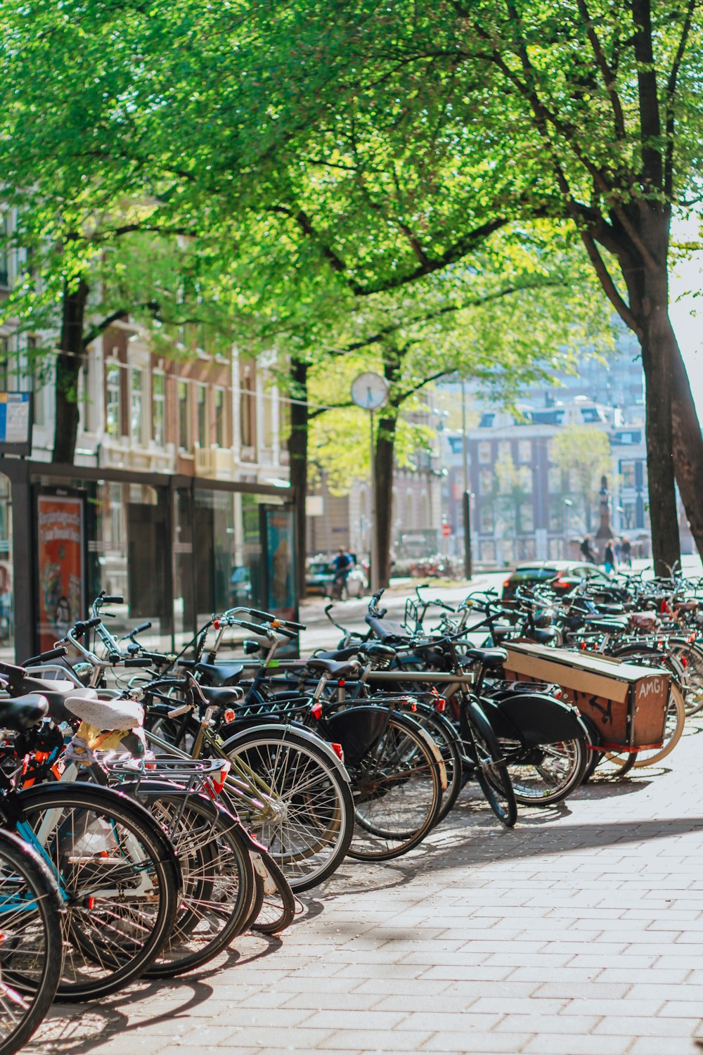 a group of bicycles parked on the side of a street