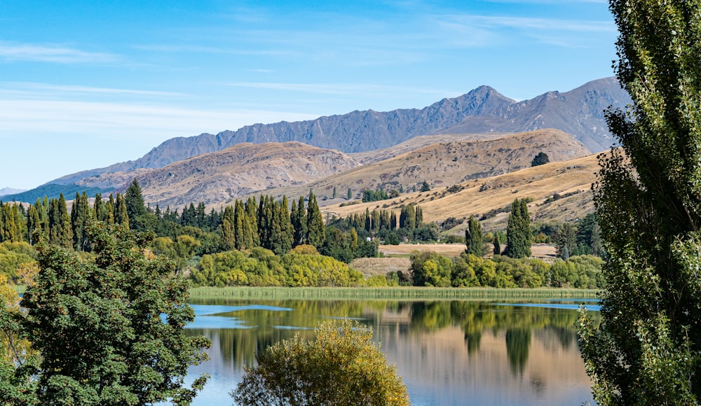 a lake surrounded by trees and mountains