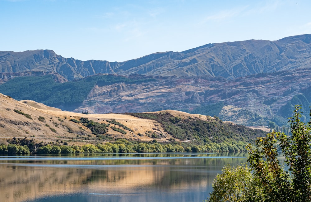 a lake with hills in the background