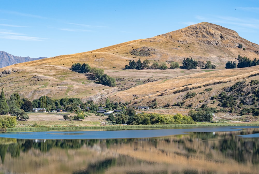 a lake with a hill in the background