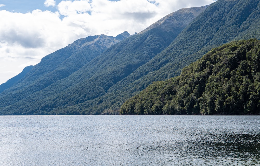 a body of water with trees and mountains in the background