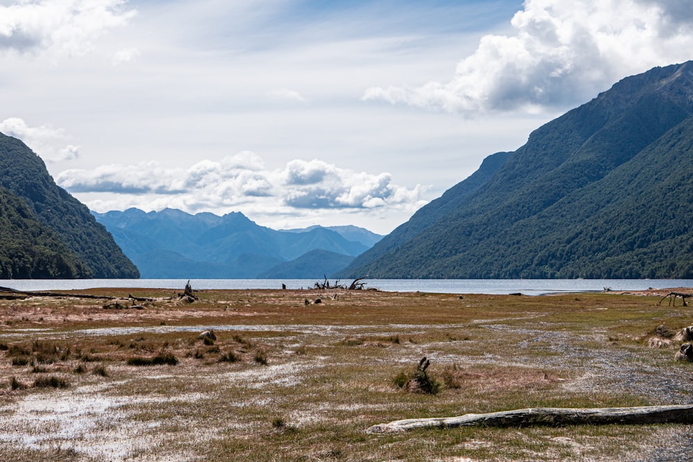 a landscape with mountains and a body of water in the background