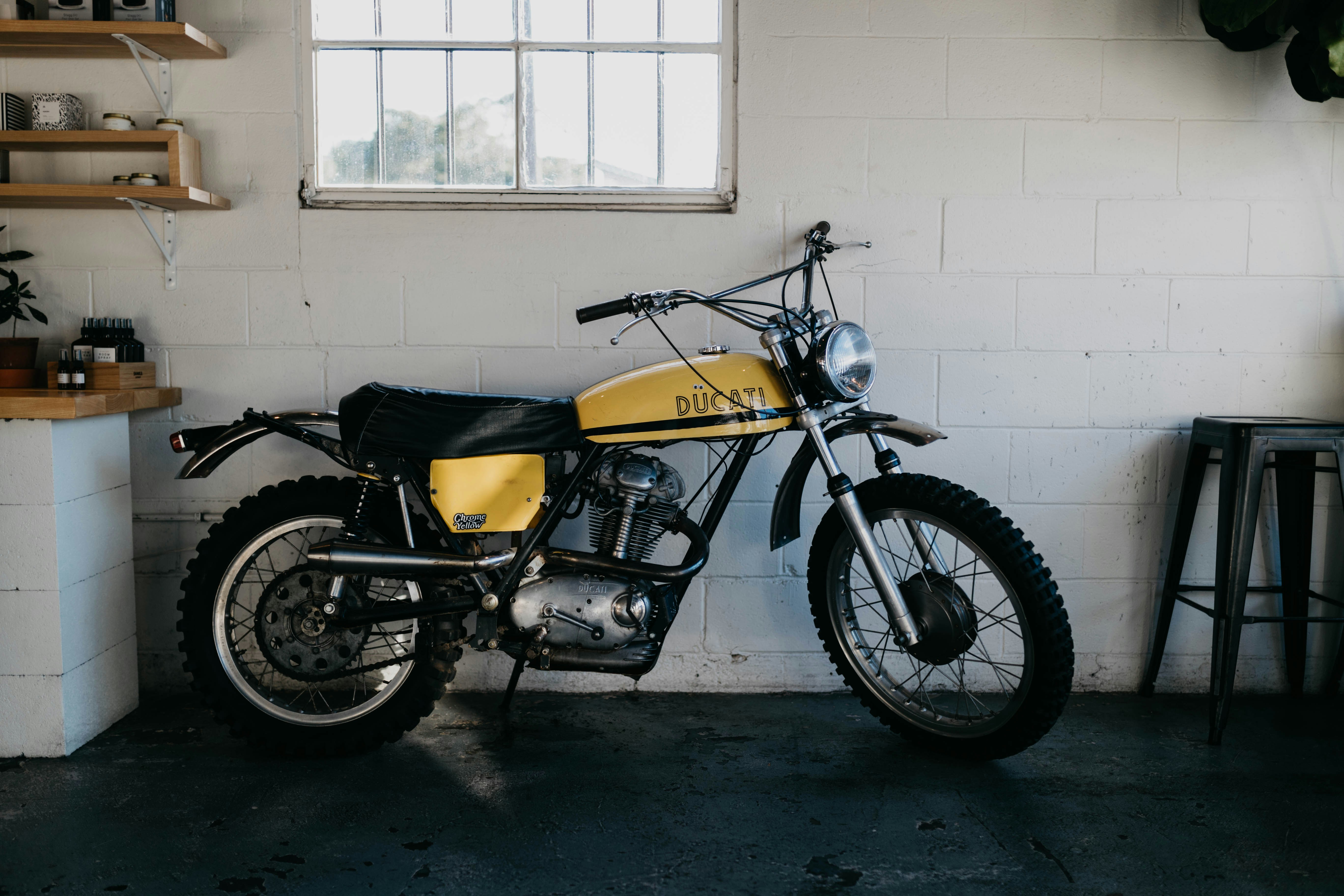 a motorcycle parked in a garage