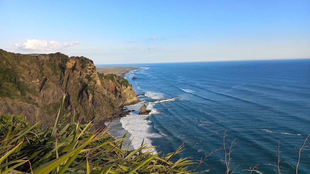 uma praia com um corpo de água