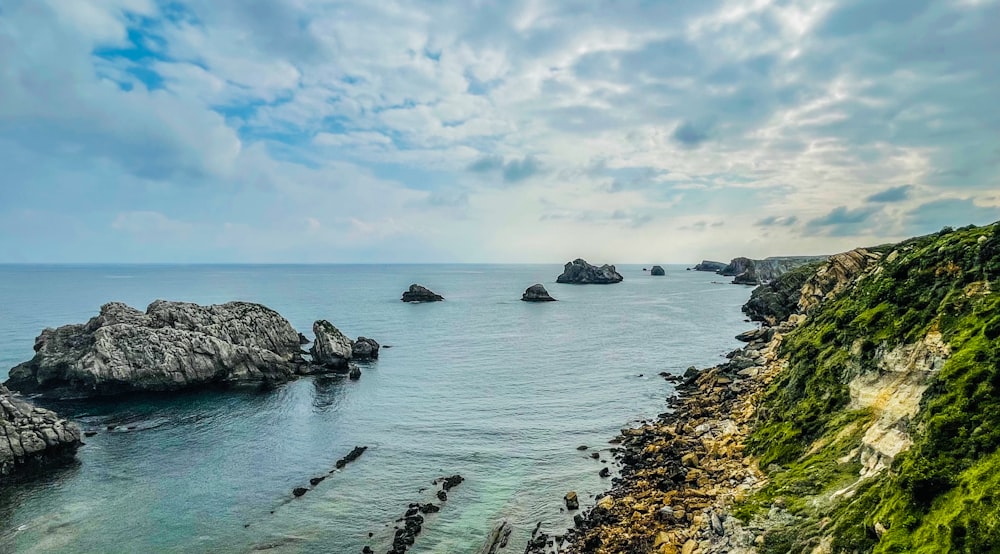 a rocky beach with a body of water and a rocky shore