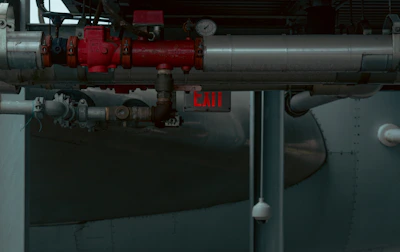 Steel pipes and valves of a fire detection network inside a heavy industry plant