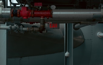 A network of industrial pipes with metallic silver and red valves, gauges, and joints runs through a dimly lit space. An illuminated exit sign is visible in the background, casting a faint red glow. The environment appears to be part of a factory or an industrial facility.