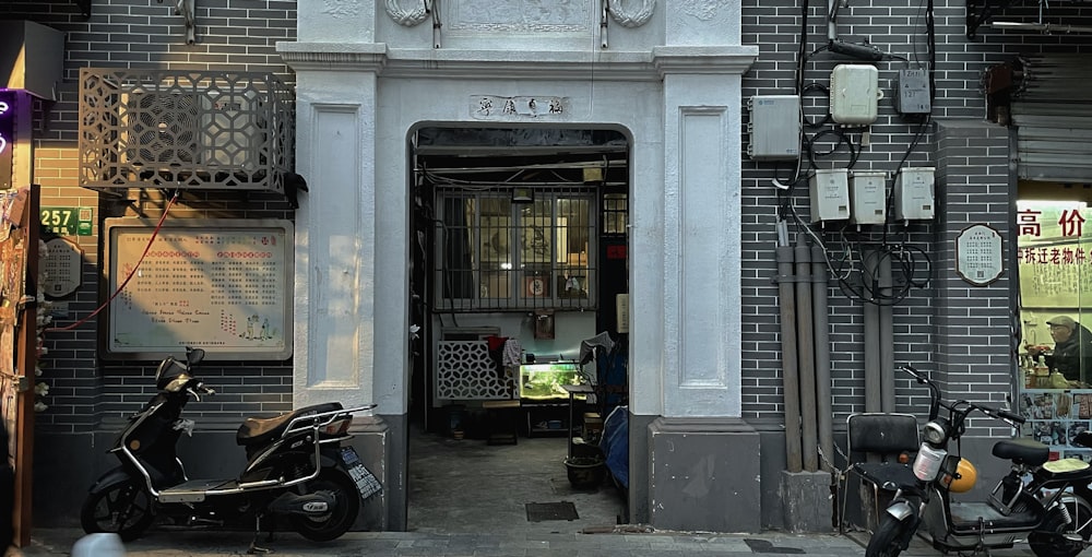 motorcycles parked outside a building