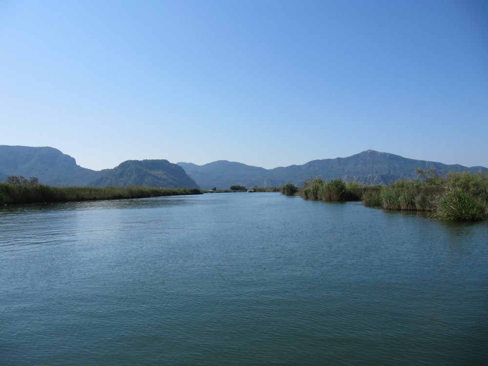 a body of water with trees and mountains in the background