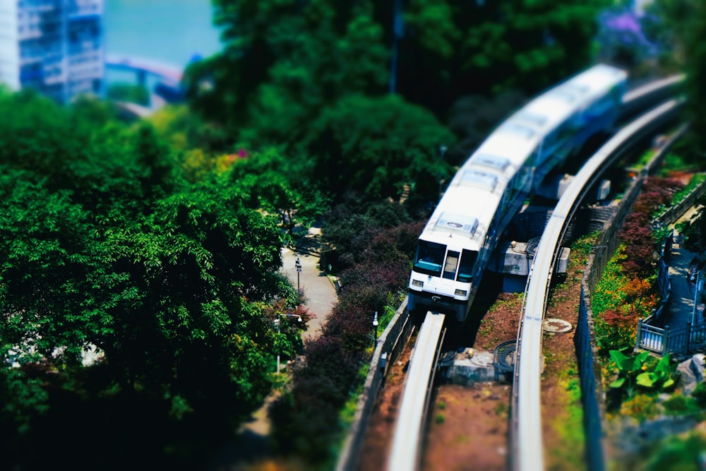 a train travels down the tracks