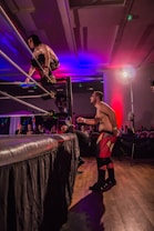 A wrestling match taking place in an indoor venue, where one participant is crouched on the top rope of the ring, while the other stands outside the ring looking at them. A crowd watches the event enthusiastically from their seats.