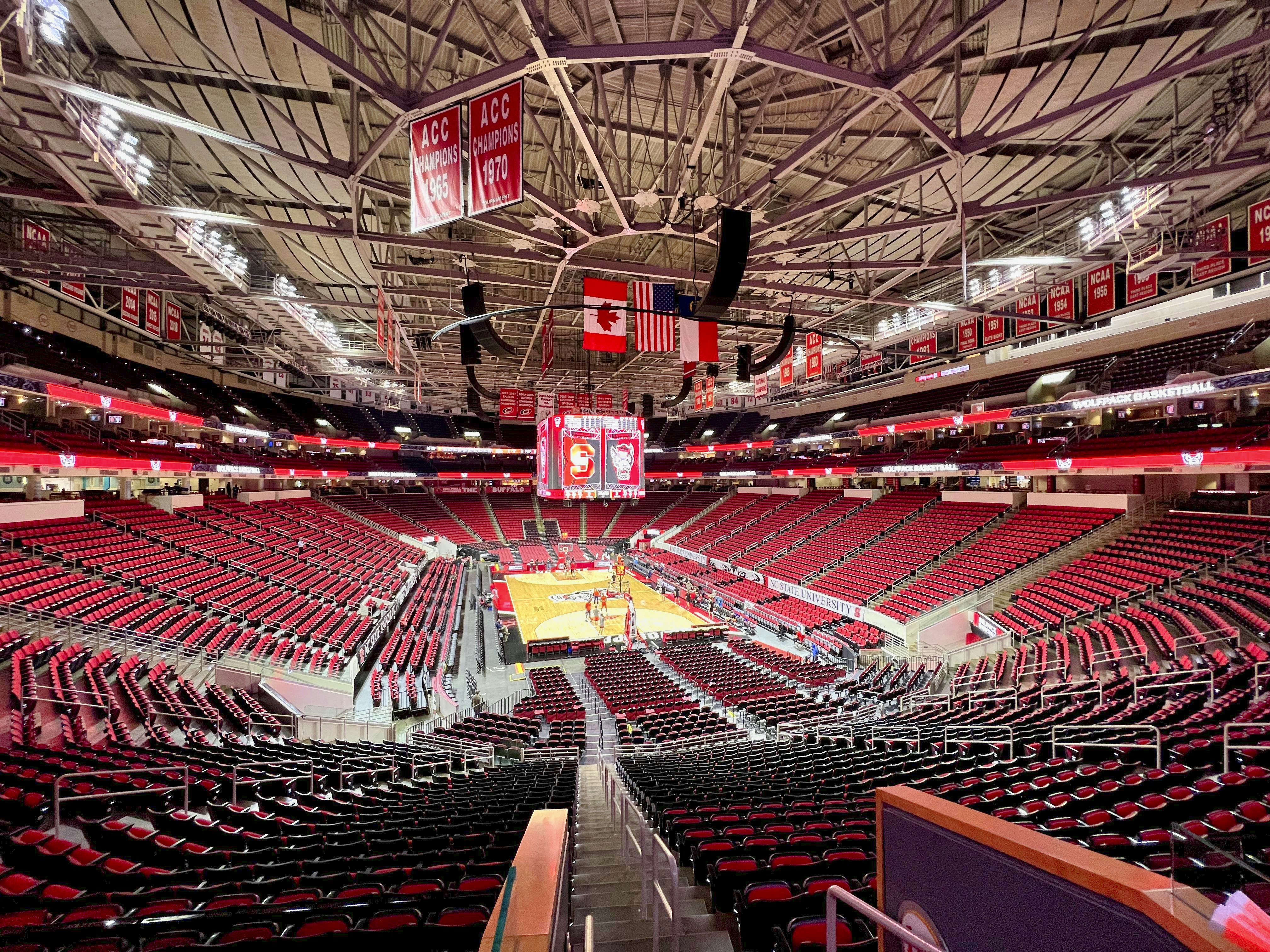 Basketball court is set in place at PNC Arena for an NC State basketball game in Raleigh, North Carolina.
