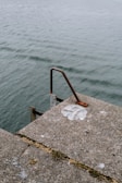 A concrete surface with rusted metal railing overlooking a body of water. The surface has visible patches of wear, and some greenery grows in the cracks.