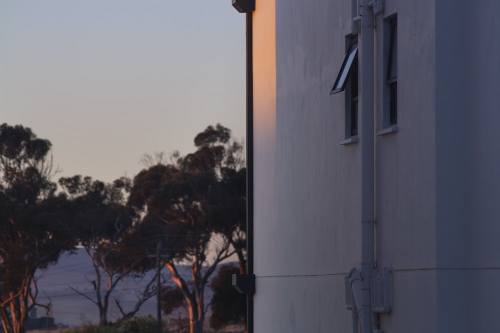 a building with trees in the back