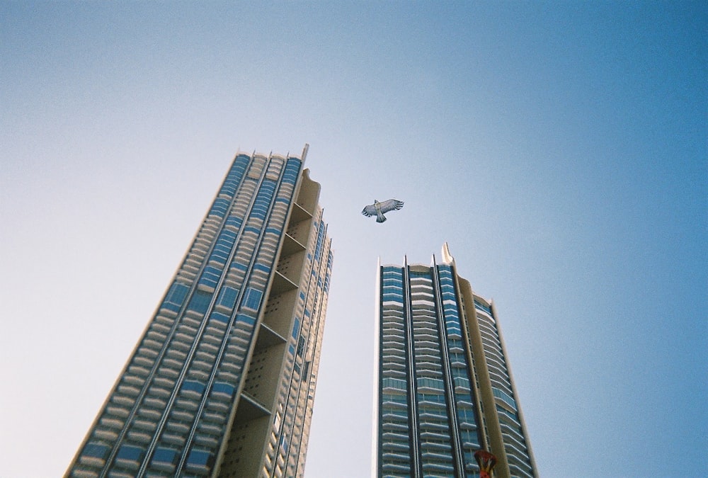 a plane flying over a group of skyscrapers