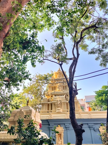 Wide view of the temple courtyard framed by lush greenery under a clear blue sky.