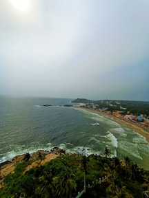a beach with a body of water and a city