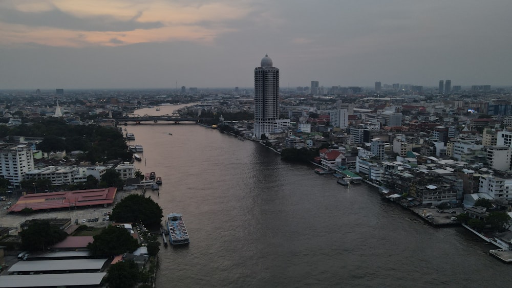 a river with a city in the background