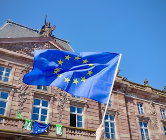 a flag on a pole in front of a building