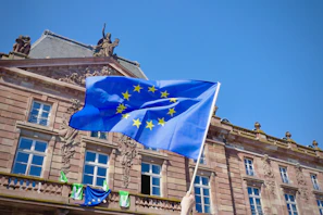 a flag on a pole in front of a building