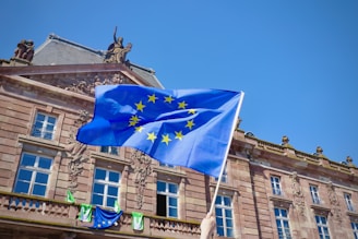a flag on a pole in front of a building