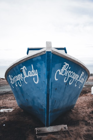 A blue boat named Biscayne Lady is shown from the front, resting on a dry, grassy surface. The sky is overcast, lending a muted, somber tone to the scene.