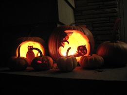 A nighttime setting featuring a collection of carved pumpkins lit from inside. Two large pumpkins showcase intricate designs, one with a cat and the other with a witch and a crescent moon. Smaller pumpkins surround them, adding to the Halloween ambiance. The warm glow from the carvings creates a striking contrast against the darkness.