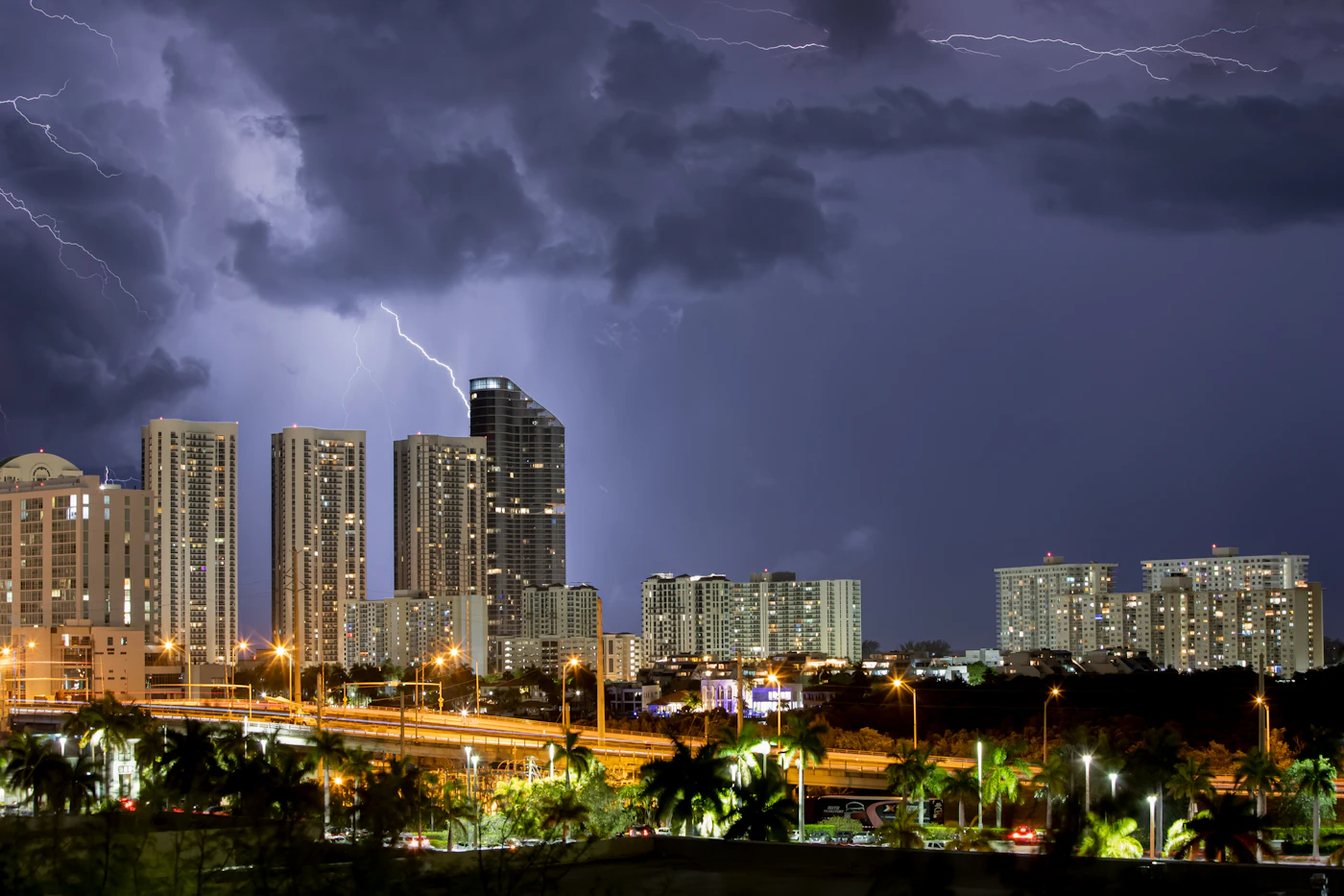 The skyline at night from North Miami Beach