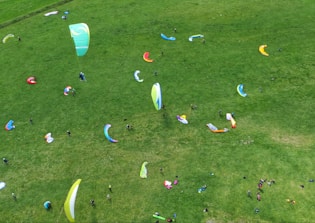 Close-up of colorful paragliding gear neatly arranged on a grassy hill.
