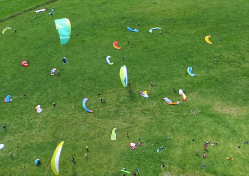 Aerial view of a grassy field dotted with colorful paragliders and people preparing for paragliding. The scene is lively with various paragliders in shades of blue, green, red, yellow, and orange scattered across the lush green grass. Several individuals are seen scattered around, likely adjusting equipment or preparing for takeoff.