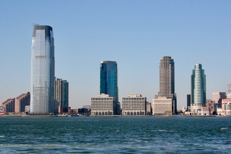 Jersey City skyline with Goldman Sachs Tower and Hudson River