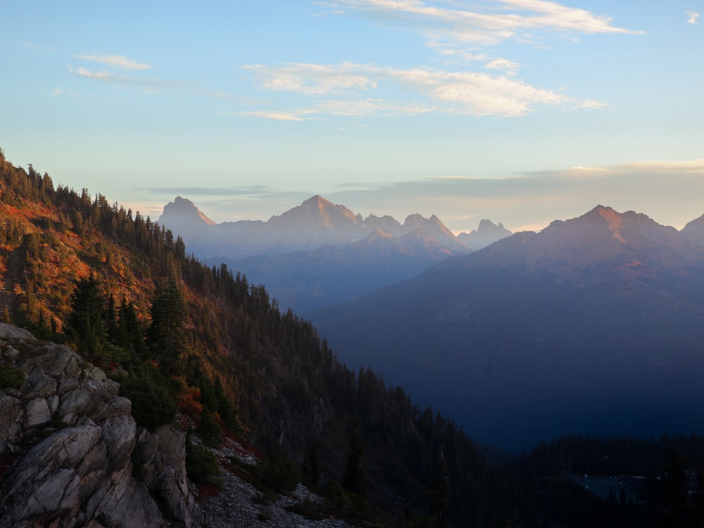 a rocky mountain with trees and mountains in the background