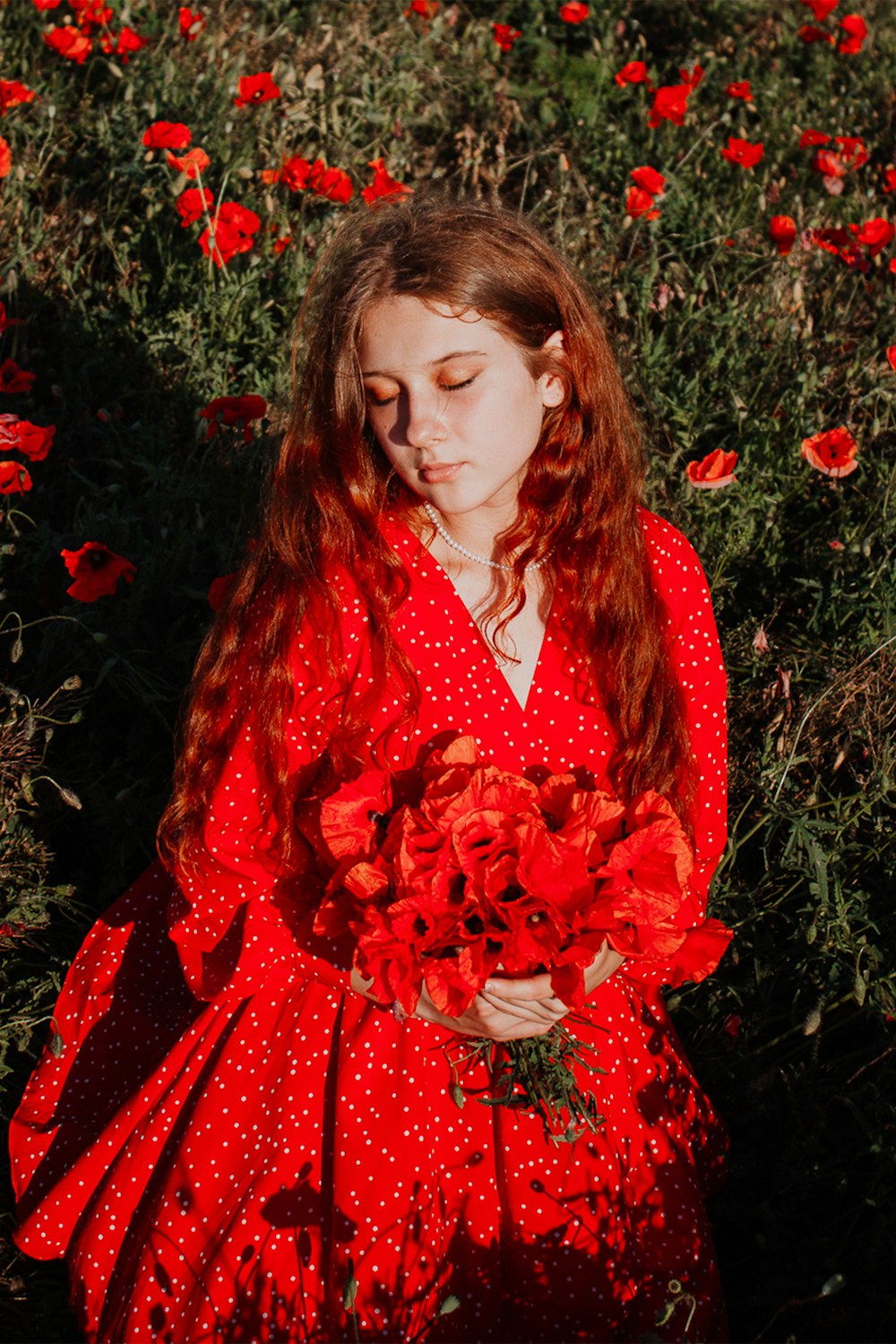 a woman in a red dress