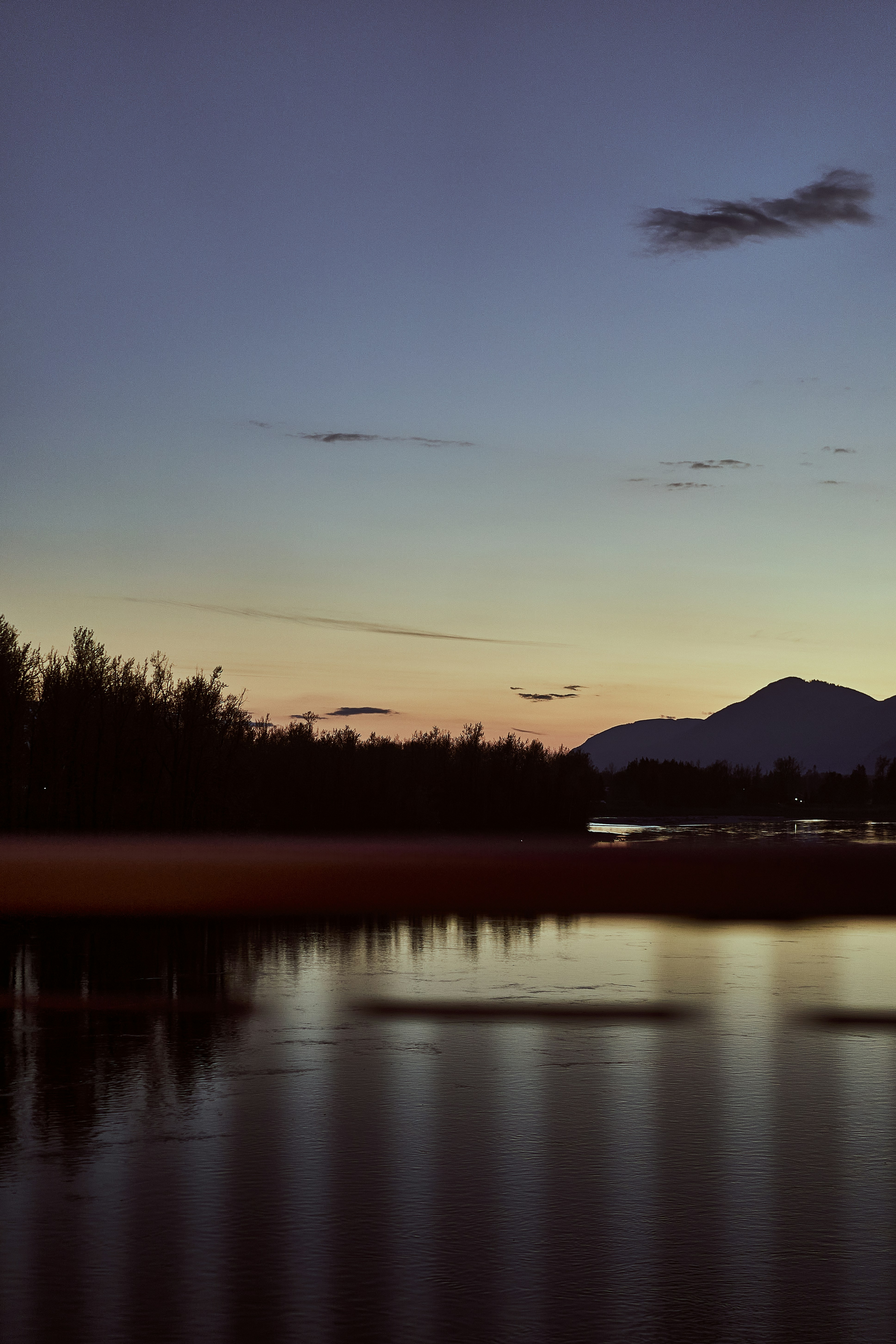 a body of water with trees and mountains in the background