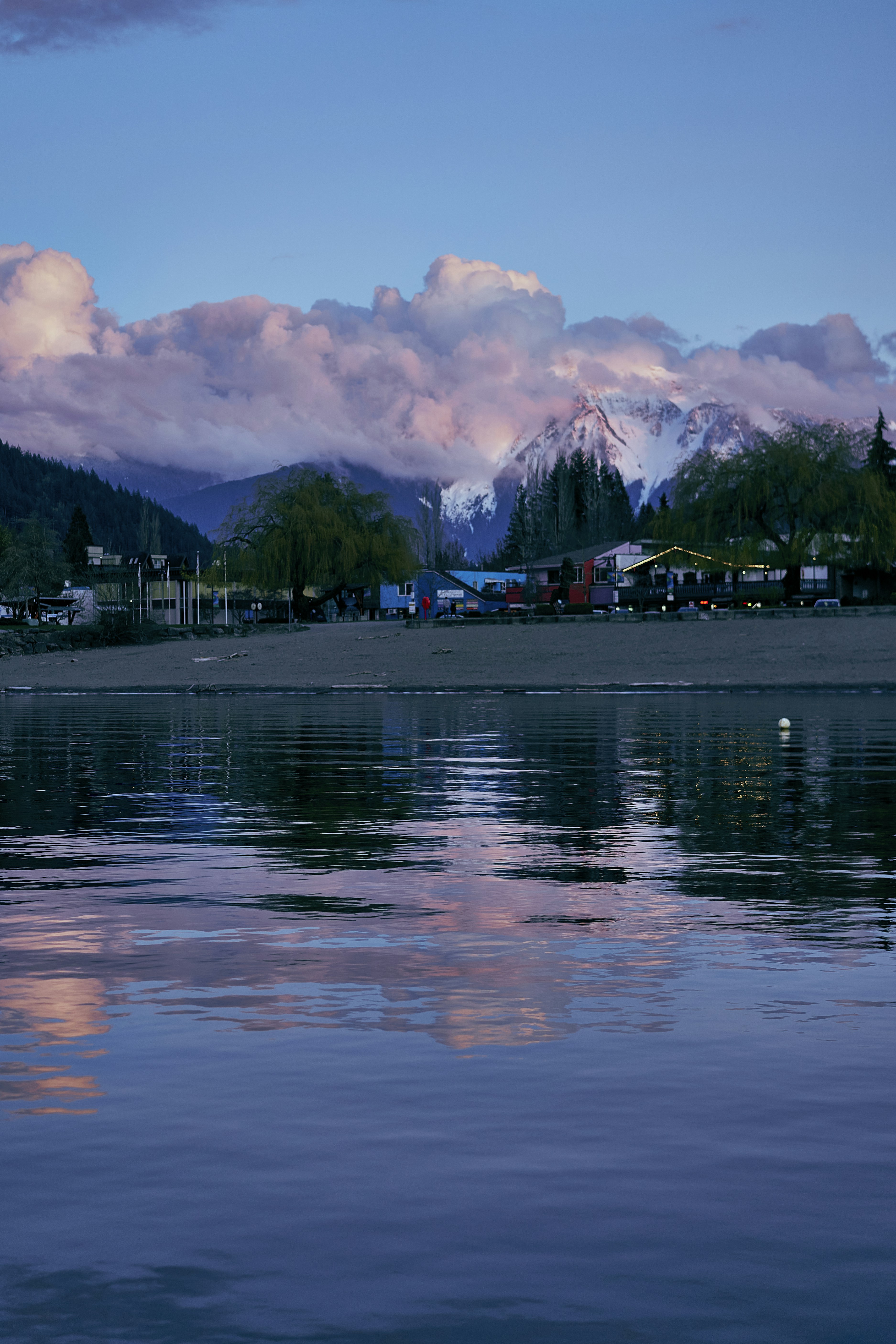 a body of water with buildings and trees around it