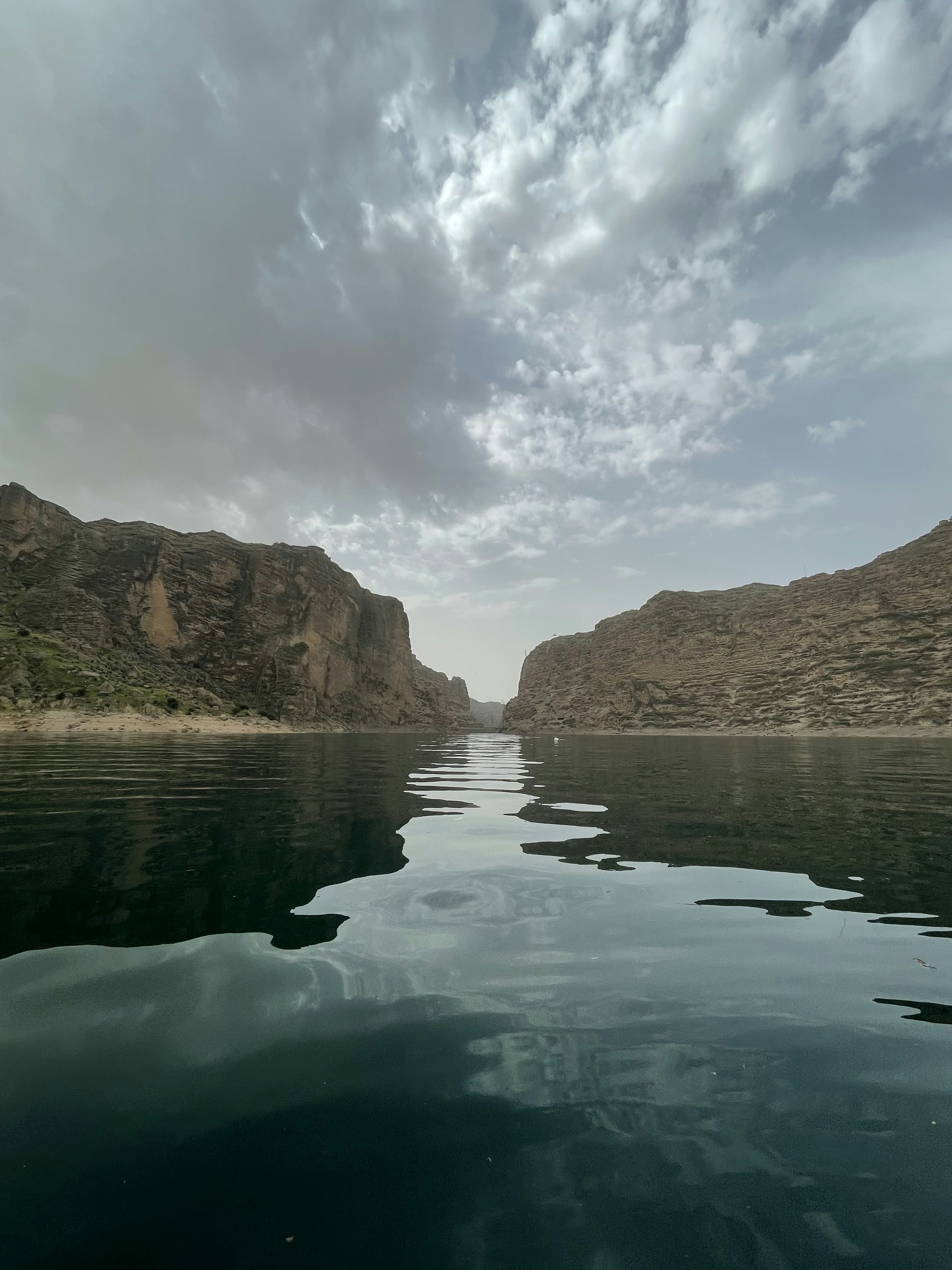Towering Antarctic ice shelf cliffs reflecting in dark ocean, dramatic overcast