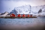 a group of red buildings on a dock by a body of water