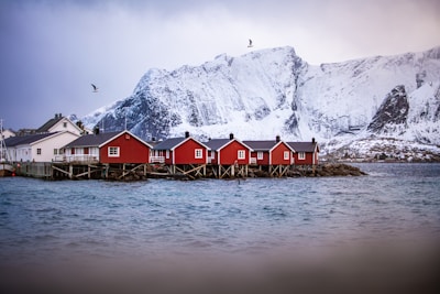 a group of red buildings on a dock by a body of water