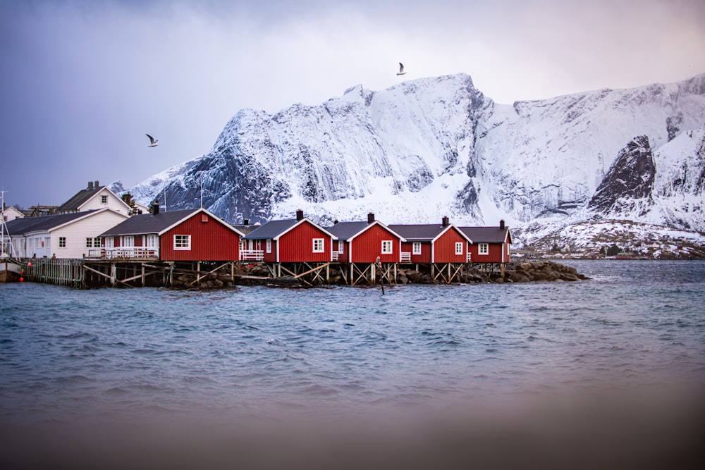 a group of red buildings on a dock by a body of water